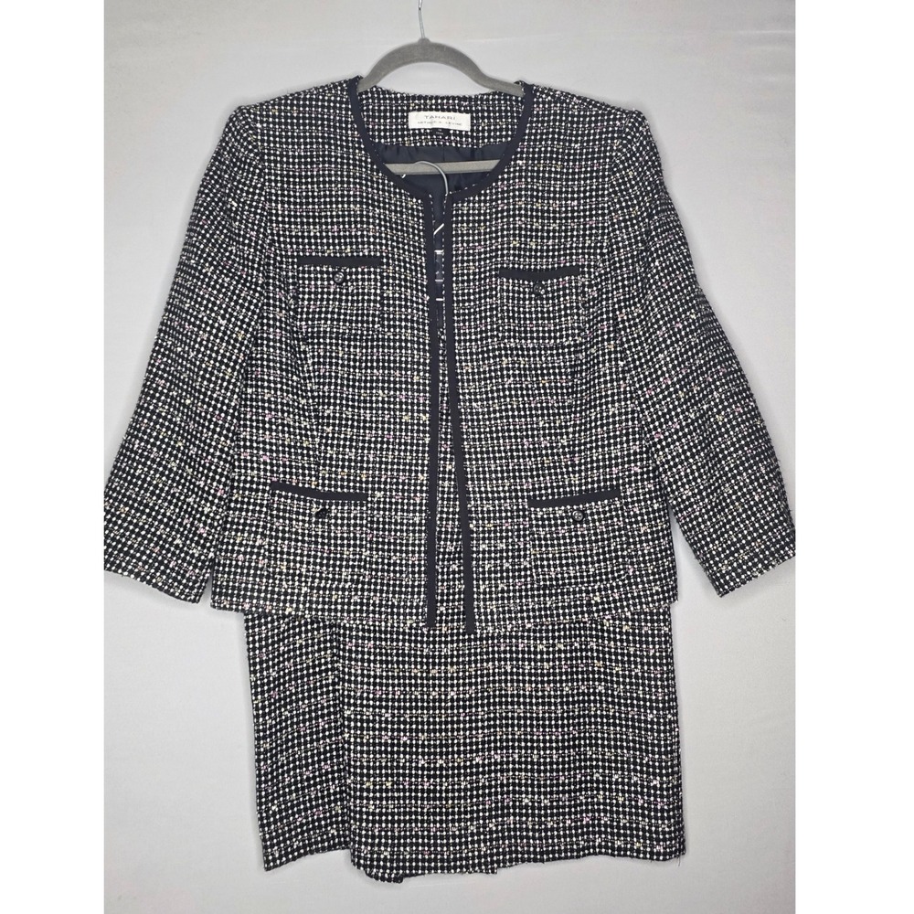 TAHARI Black Tweed Purple and green Size 14 lined Skirt & Jacket with pockets